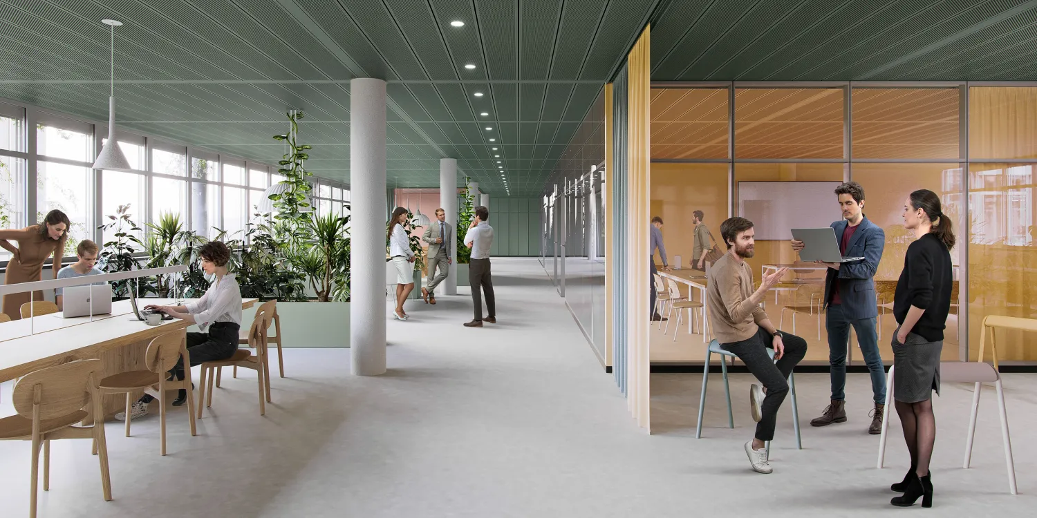 Offene Arbeitswelt im Frameworks mit flexiblen Meetingzonen, Holzelementen und begrünten Bereichen.