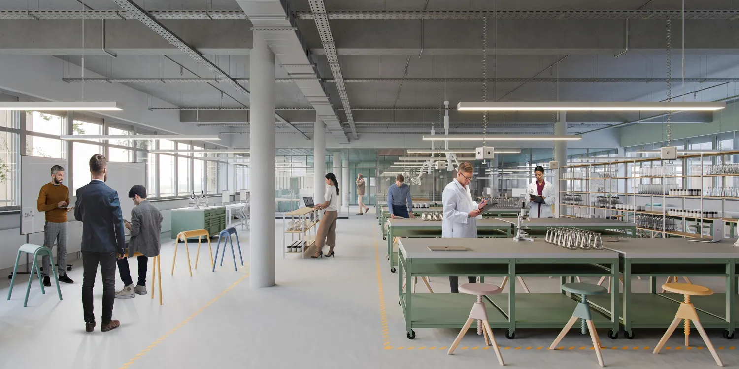 Innovative Frameworks-Werkstatt mit offenen Arbeitsbereichen, modernen Maschinen und kollaborativer Atmosphäre.