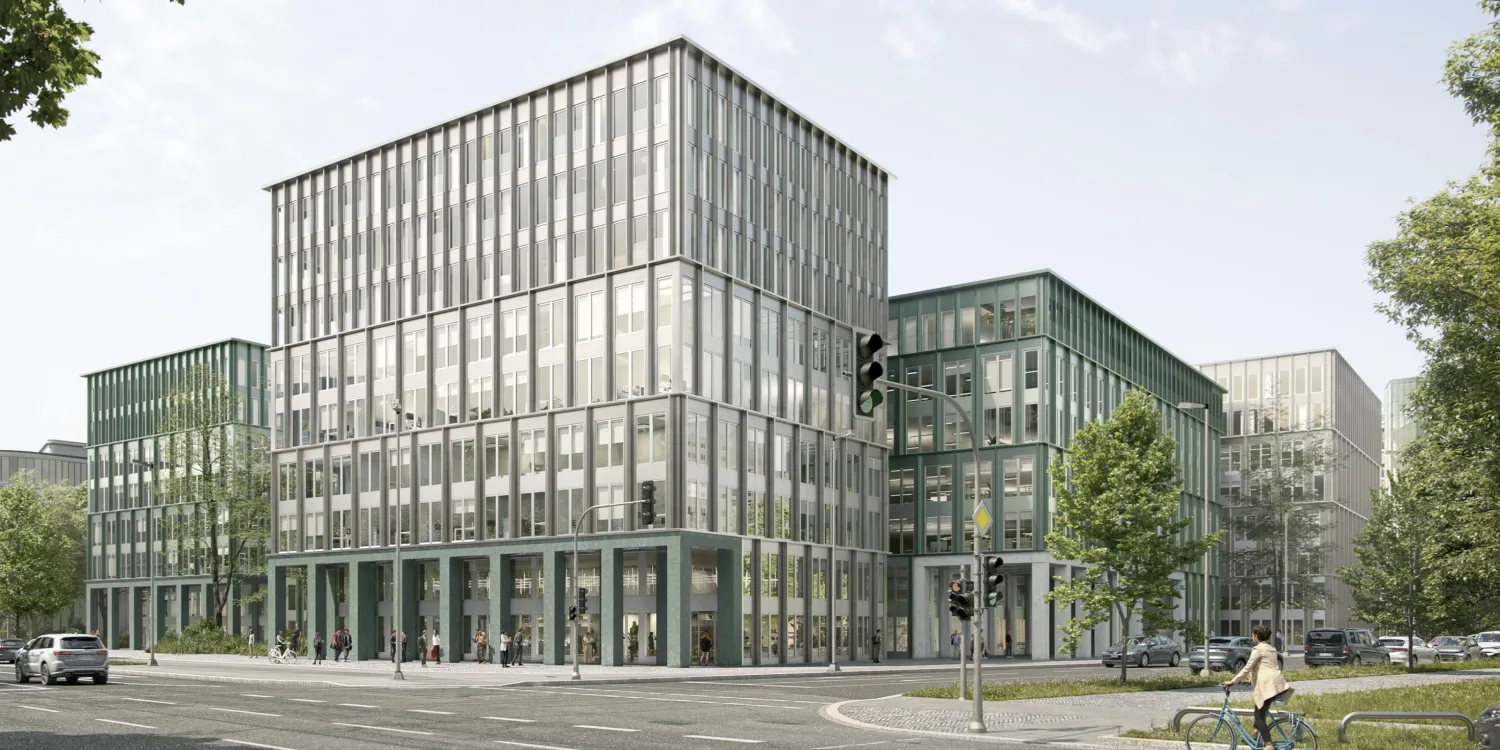 VIWA Offene, lichtdurchflutete Passage mit Betonstützen, Holzsitzstufen und spielerischen Rundschaukeln.