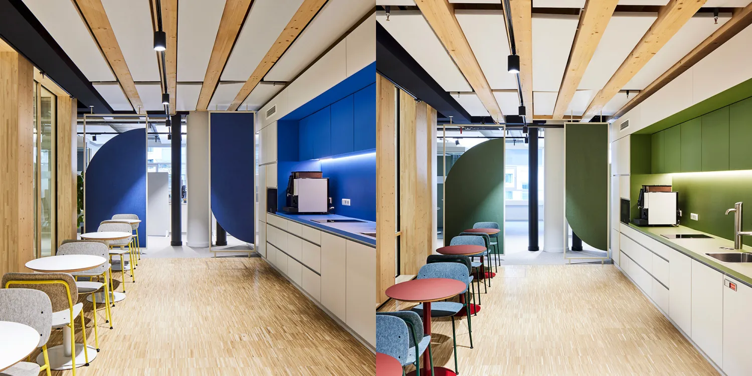 Bosch: Zwei moderne Büroküchen mit Holzelementen, minimalistischen Einbauküchen und blauen bzw. grünen Akzenten.