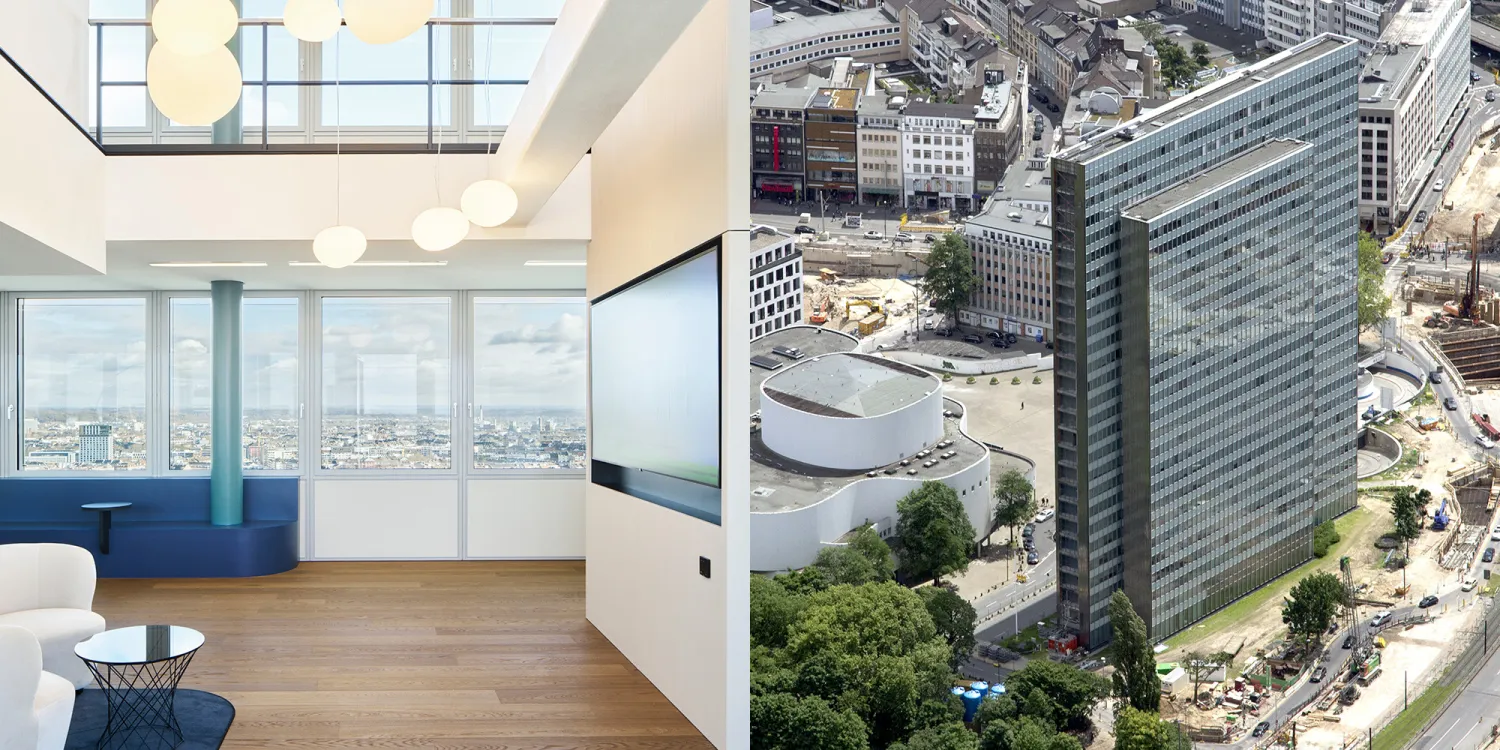 Hogan Lovells: Ein modernes Büro mit Panoramablick und geschwungenen Sitzbänken sowie eine Luftaufnahme eines Hochhauses.
