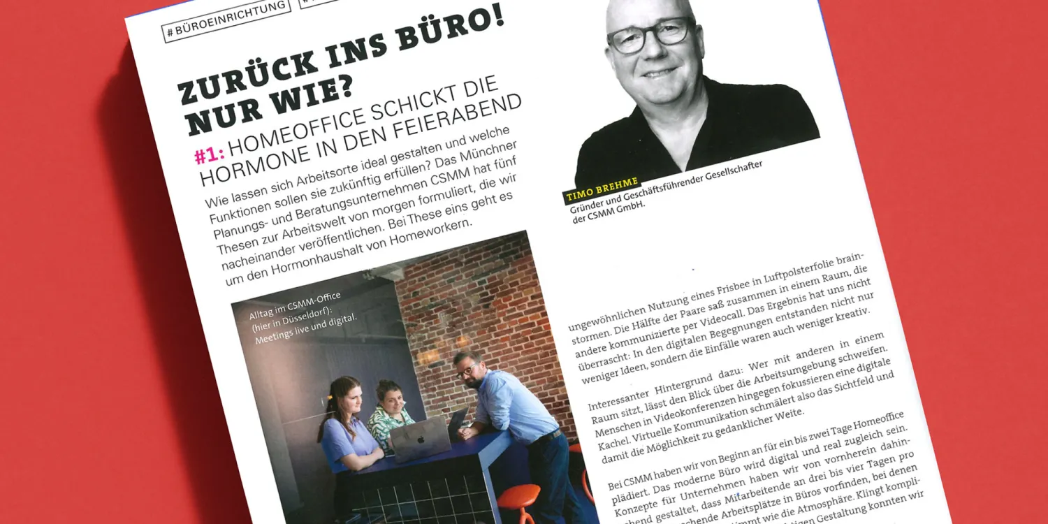Office Roxx – Magazinseite mit Artikel über die Rückkehr ins Büro, Porträt von Timo Brehme und Szene aus einem Meeting.