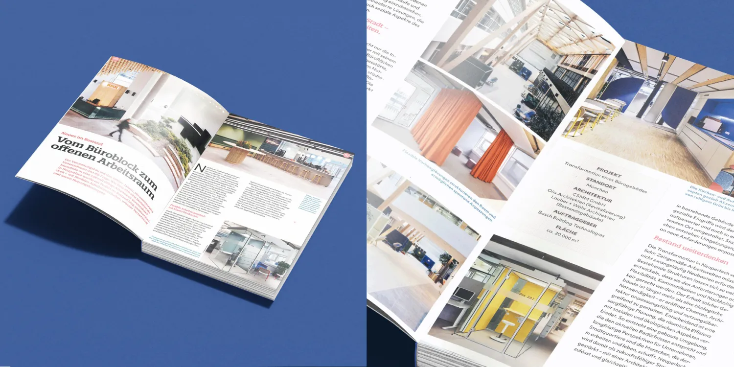 Schulbau – Geöffnetes Magazin mit Artikel zur Bürogebäude-Transformation, bebildert mit Innenraumlösungen.