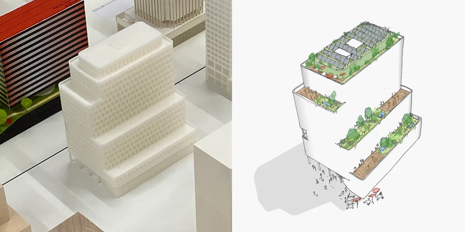 Rathaus der Zukunft Berlin – gestuftes Modell mit begrünten Terrassen und Solardach im Entwurf.
