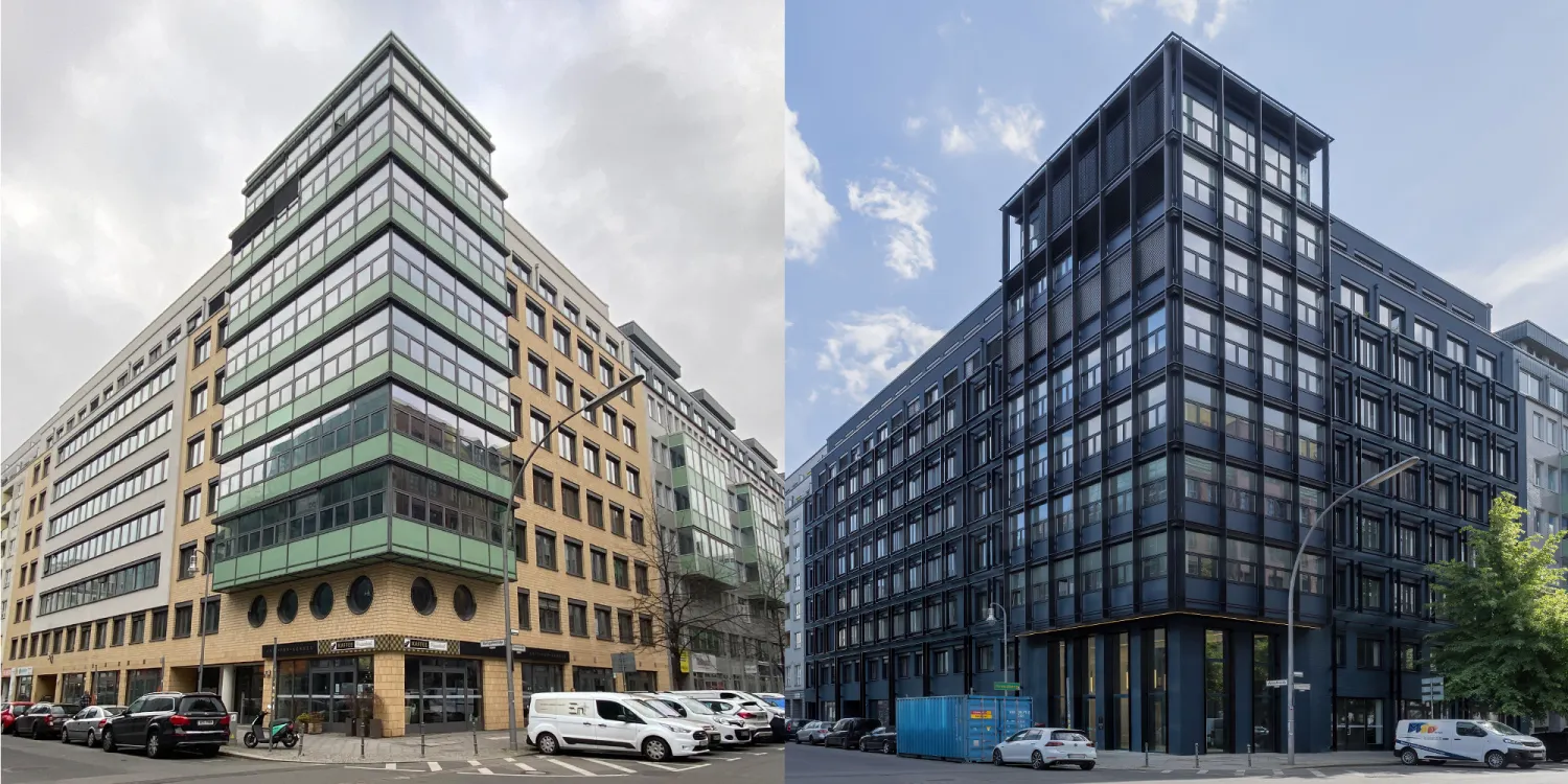 Markgrafenstrasse 62 Berlin: moderne Aussenfassade mit dunkler Verkleidung.