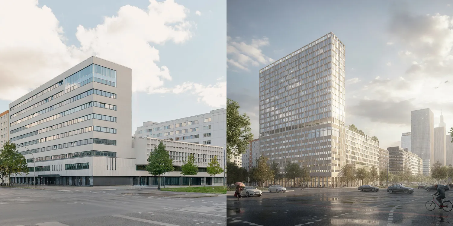 Projekt Mollstraße 1, Berlin – Visualisierung des revitalisierten Hochhauses mit neuer Nutzung und klarer Stadtsilhouette.