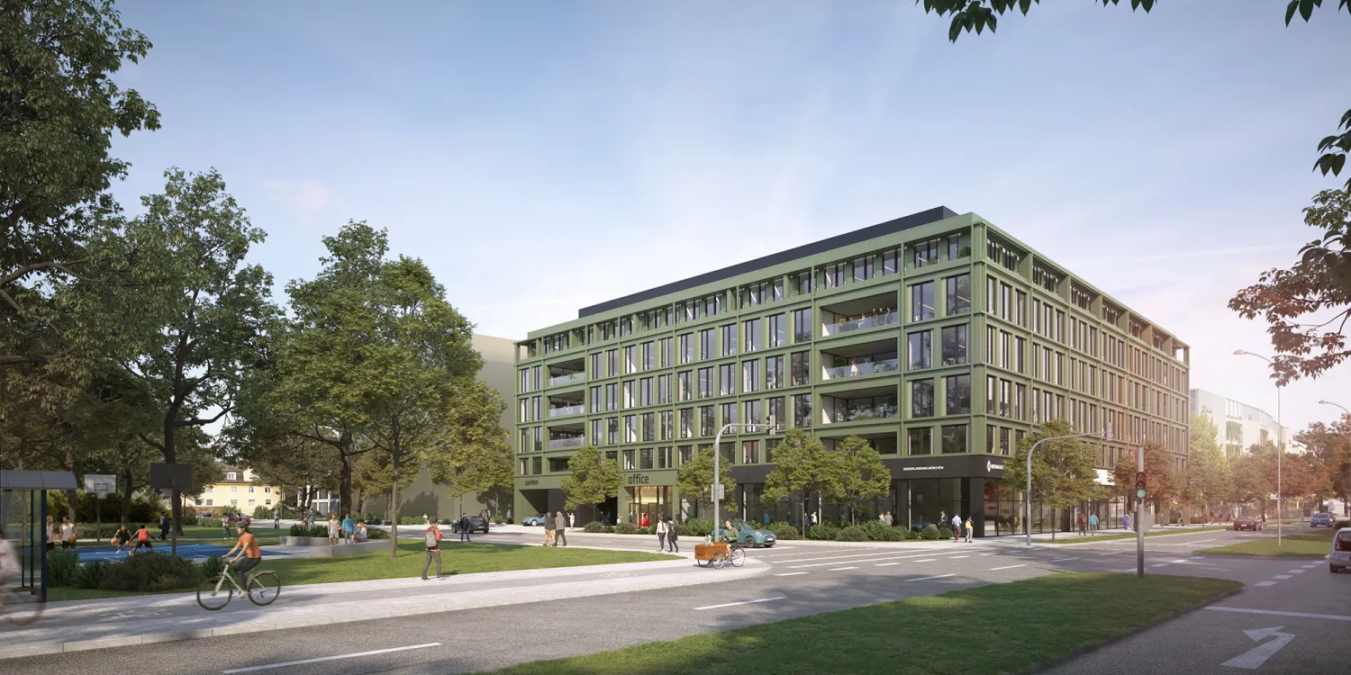 WÖHR + BAUER – Grünes Bürogebäude mit klarer Fassadenstruktur und großzügigen Glasflächen.