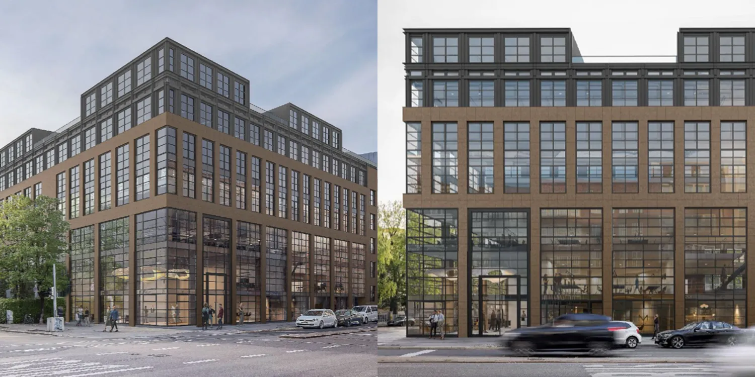 Modernes Gebäude mit brauner Fassade und viel Glasfläche. 