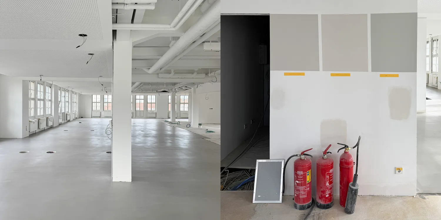 Office Relocation: Großer Raum mit Screen von der Decke