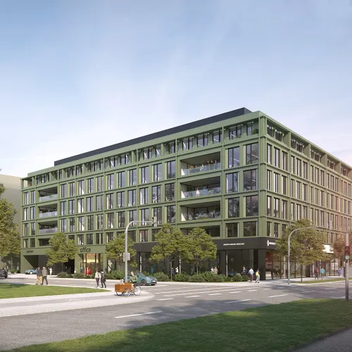 WÖHR + BAUER – Grünes Bürogebäude mit klarer Fassadenstruktur und großzügigen Glasflächen.