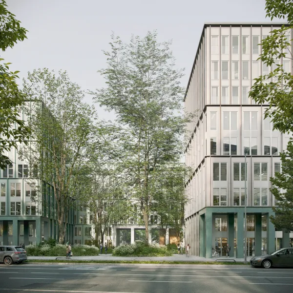 VIWA Architekturvisualisierung eines modernen Bürogebäudes mit großer Begrünung und urbanem Umfeld.
