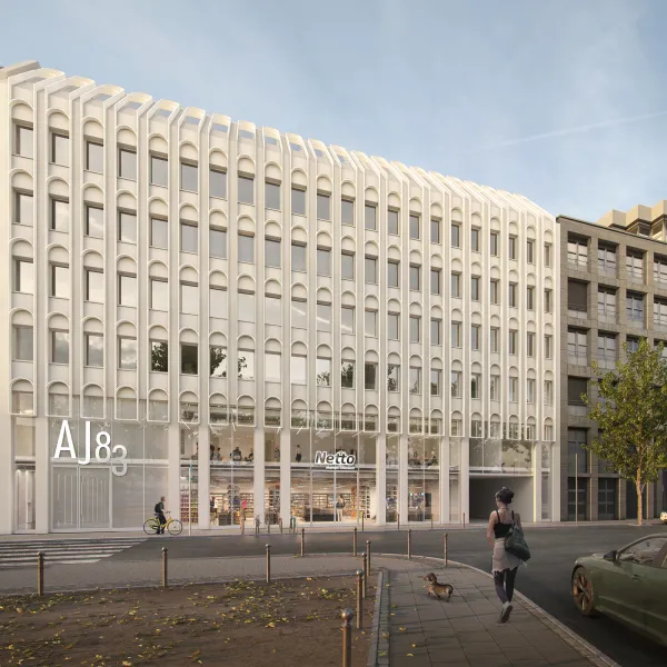 Moderne Fassade der Alte Jakobstraße mit großzügiger Verglasung, klarer Struktur und urbanem Umfeld.
