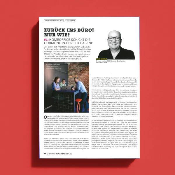 Office Roxx – Magazinseite mit Artikel über Büroarbeit nach Homeoffice, Porträt und Arbeitsalltag im Office.