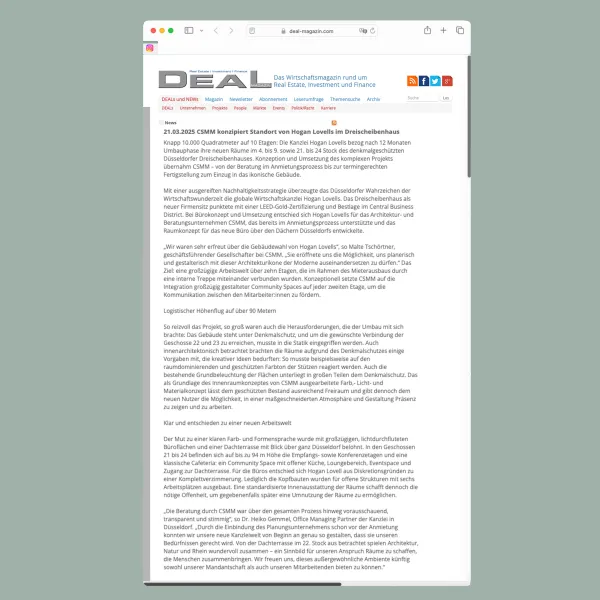 DEAL Magazin: CSMM konzipiert Standort von Hogan Lovells im Dreischeibenhaus