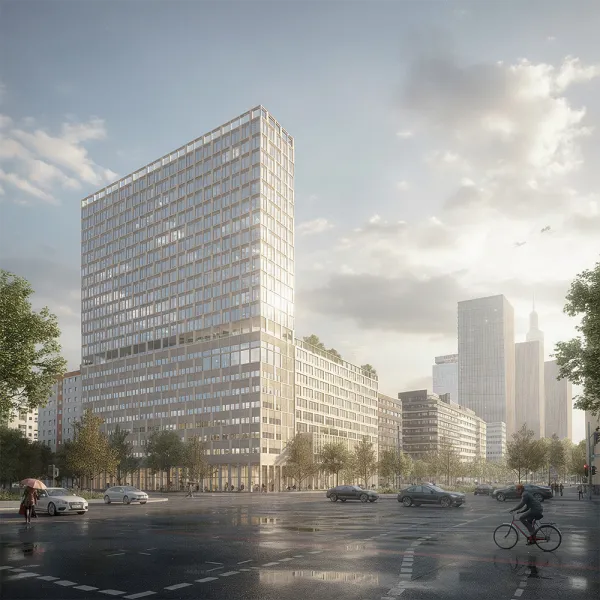 Mollstraße 1, Berlin – Visualisierung des revitalisierten Hochhauses mit neuer Nutzung und klarer Stadtsilhouette.