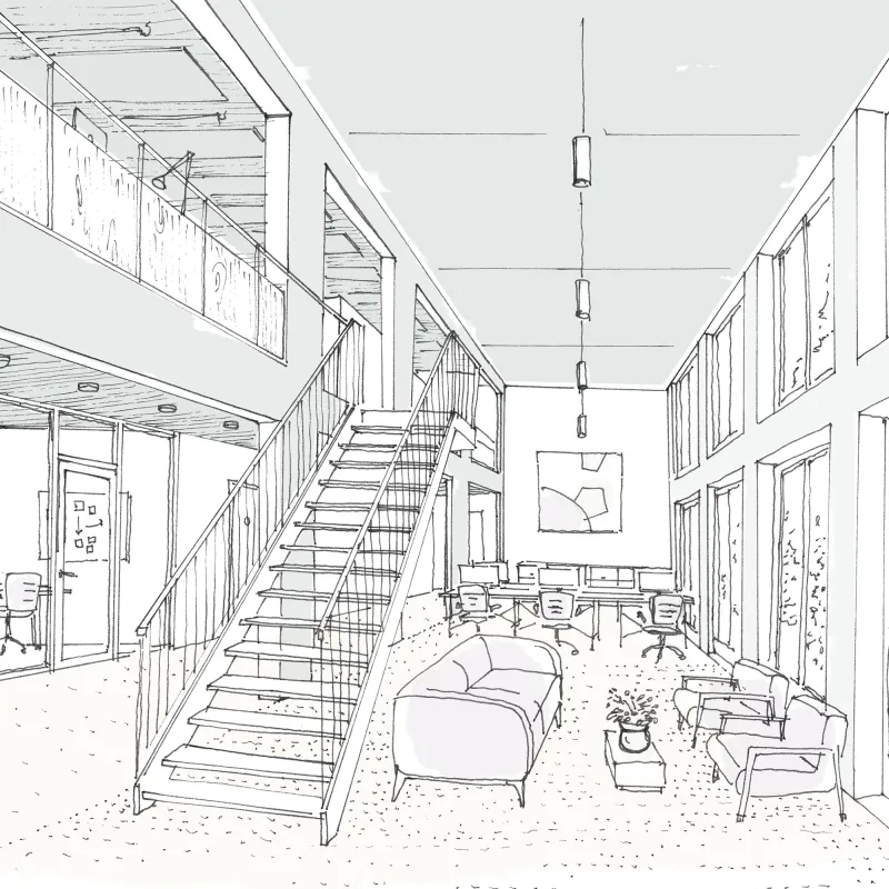 VIWA Handgezeichnete Skizze eines offenen Bürobereichs mit doppelter Raumhöhe, Galerie, Treppe und Loungebereich.