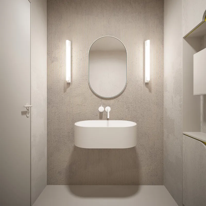 Minimalistisches Badezimmer in der Alte Jakobstraße mit Holzvertäfelung, ovalem Spiegel und sanfter Beleuchtung.