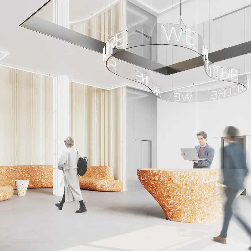 Modernes Eingangsfoyer der Pohlstraße Berlin mit organischem Empfangstresen, Loungebereich und hoher Decke.