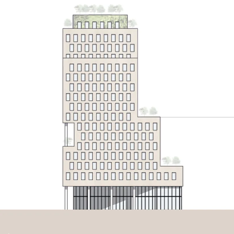 Rathaus der Zukunft – Schnittdarstellung des gestuften Gebäudes mit Terrassen und Innenstruktur.