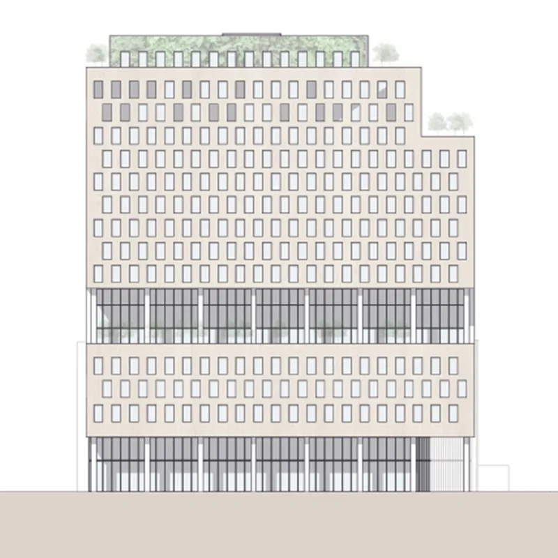 Rathaus der Zukunft – Schnittdarstellung des gestuften Gebäudes mit Terrassen und Innenstruktur.