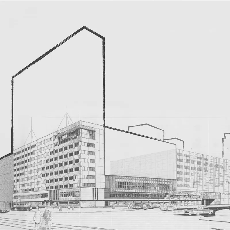 Mollstraße 1, Berlin – Scribble des revitalisierten Hochhauses mit neuer Nutzung und klarer Stadtsilhouette.