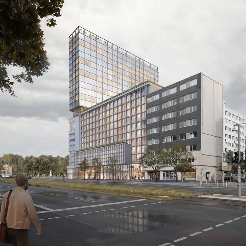 Mollstraße 1, Berlin – Visualisierung des revitalisierten Hochhauses mit neuer Nutzung und klarer Stadtsilhouette.