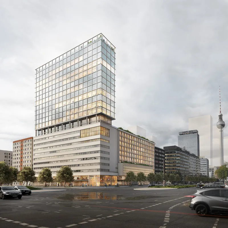 Mollstraße 1, Berlin – Visualisierung des revitalisierten Hochhauses mit neuer Nutzung und klarer Stadtsilhouette.